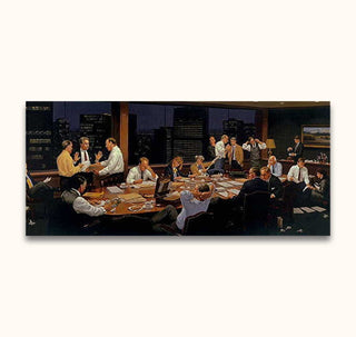 Oil painting The Closing by Jimmy Dyer depicts an intense late-night corporate boardroom scene with fifteen business professionals engaged around a cluttered conference table.
