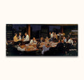 Oil painting The Closing by Jimmy Dyer depicts an intense late-night corporate boardroom scene with fifteen business professionals engaged around a cluttered conference table.