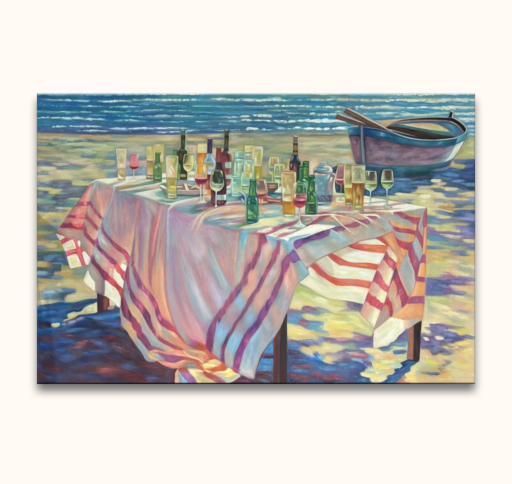 Seaside still life painting 'Aangename Tijden' by Juane Xue, featuring a table with drinks, rowboat, and shimmering waters. Oil on canvas, ready to hang.