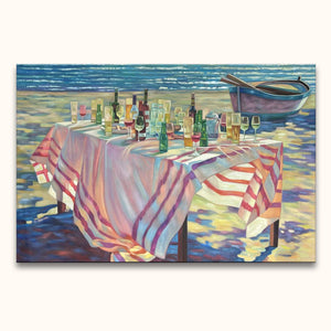 Seaside still life painting 'Aangename Tijden' by Juane Xue, featuring a table with drinks, rowboat, and shimmering waters. Oil on canvas, ready to hang.