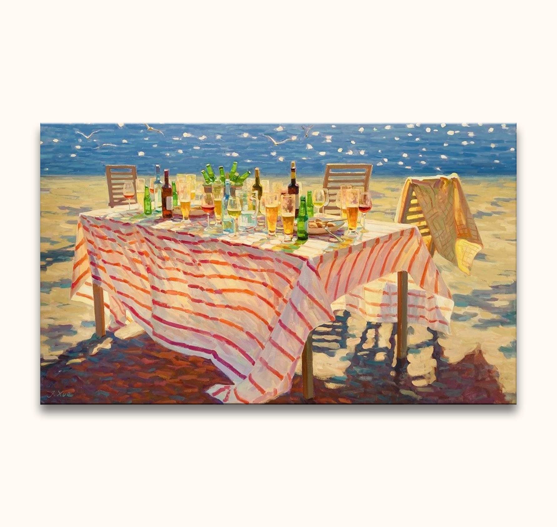 Impressionist-style painting by Juane Xue titled Zonnige zee, featuring a sunlit beach picnic table with drinks, chairs, and a sparkling sea background.