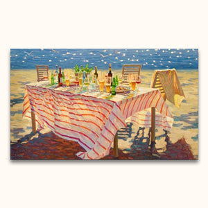 Impressionist-style painting by Juane Xue titled Zonnige zee, featuring a sunlit beach picnic table with drinks, chairs, and a sparkling sea background.