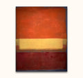 Rothko signature - Nr 9. 5. 18: Abstract painting with burnt-orange, pale-yellow, and deep red bands, accented by a muted blue outline. Hand-painted, ready to hang.