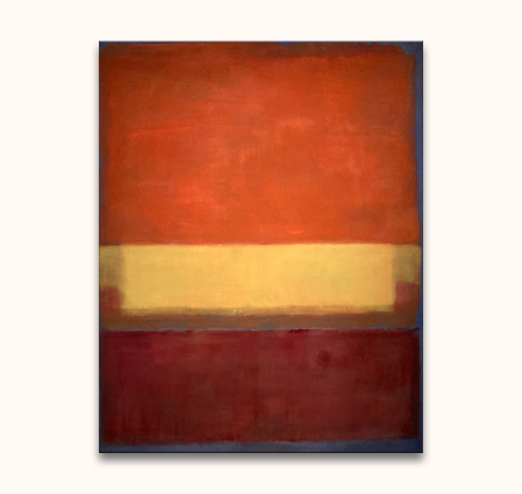 Rothko signature - Nr 9. 5. 18: Abstract painting with burnt-orange, pale-yellow, and deep red bands, accented by a muted blue outline. Hand-painted, ready to hang.
