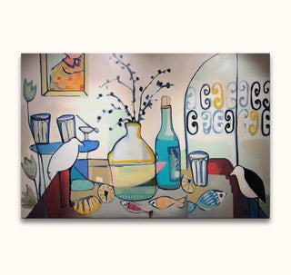 William Crosbie's Breakfast Birds: Modern folk-art still life with jug, slender bottle, cups, decorative fish, citrus slices, and abstract birds. Hand-painted oil on canvas.
