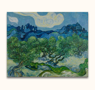 Vincent van Gogh - De Olijfbomen: Hand-painted oil landscape of olive trees, inspired by van Gogh's 1889 style, stretched on a wooden frame, ready to hang.