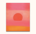 Abstract painting titled Andy Warhol Signature - Sunset with horizontal warm hues bands, featuring a semicircular form. High-quality, ready-to-hang pop art piece.