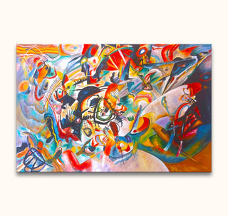 Wassily Kandinsky - Composition VII: A vibrant abstract painting with dynamic brushstrokes and shapes, hand-painted on high-quality canvas, ready to hang, UV-protected.