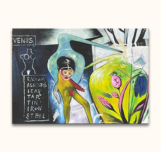 Jean Michel Basquiat - Ex-ringeye: Abstract painting with stenciled VENUS, humanoid figure, and organic forms. Vibrant, expressive neo-expressionist style on canvas.