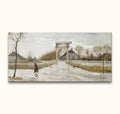 Vincent van Gogh's Ophaalbrug in Nieuw-Amsterdam, an impressionist oil painting depicting a lone figure near a drawbridge and cottage amidst a serene winter landscape.