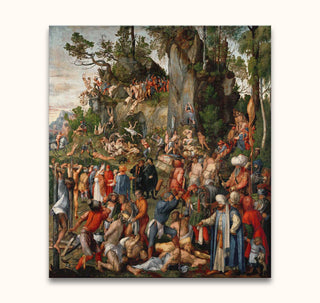 Albrecht Dürer's Marter der zehntausend Christen depicts a dramatic biblical scene with soldiers and victims, showcasing Renaissance complexity and vivid detail. Hand-painted on museum-quality canvas.