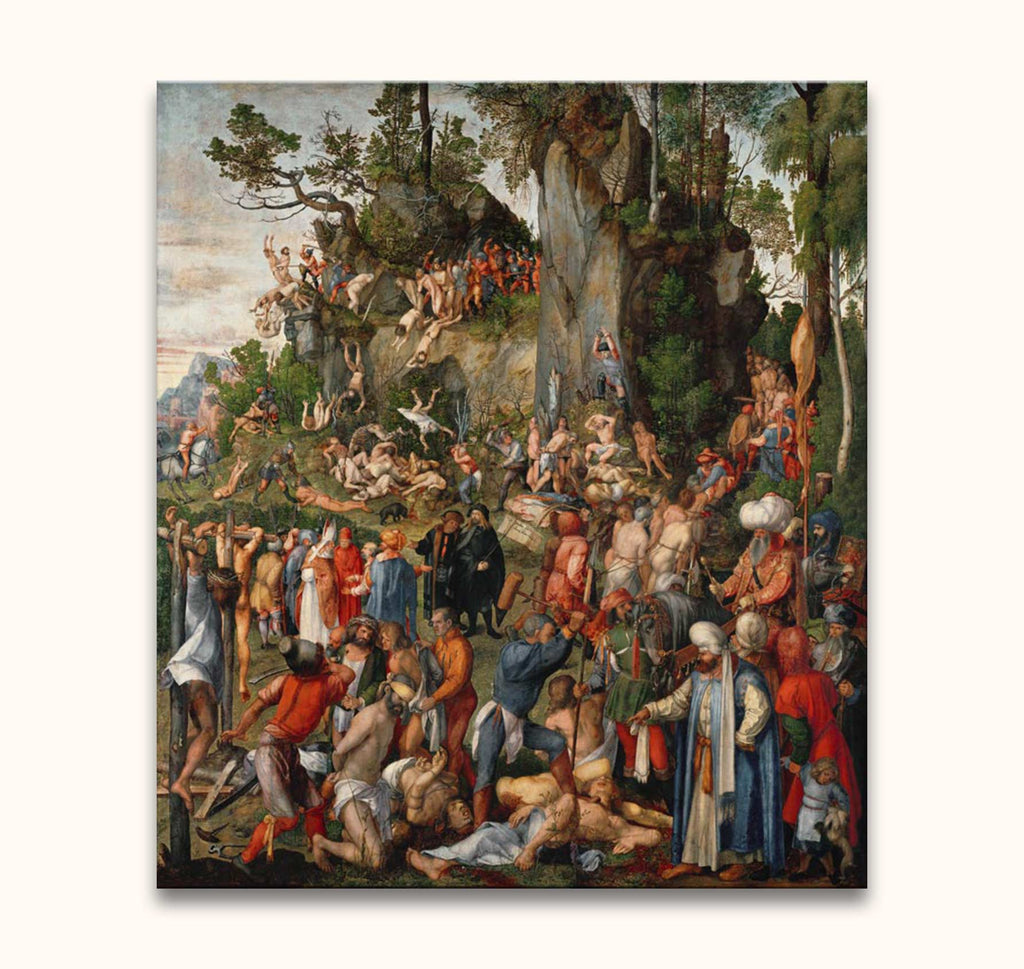 Albrecht Dürer's Marter der zehntausend Christen depicts a dramatic biblical scene with soldiers and victims, showcasing Renaissance complexity and vivid detail. Hand-painted on museum-quality canvas.
