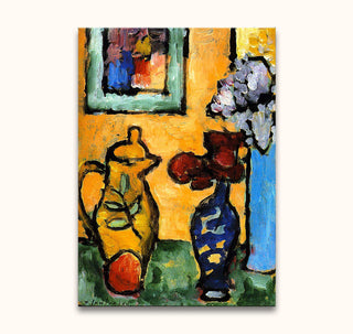 Hand-painted still life by Alexei von Jawlensky featuring a yellow pitcher, blue vase with red blooms, on green tabletop. Museum-quality oil on canvas.