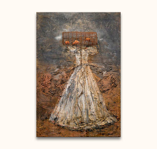 Anselm Kiefer's 'Heldentum': A textured, mixed-media artwork featuring a silhouette of a dress with a wire cage element, perfect for modern art enthusiasts.