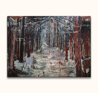 Anselm Kiefer's 'Waldsteig Gedicht'—haunted forest scene with red drips, handwritten names, on museum-quality canvas, ready to hang.