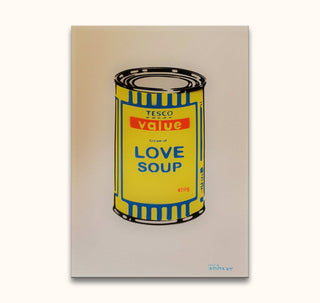 Banksy-inspired pop art of a TESCO value – Cream of LOVE SOUP can, hand-painted with modern graffiti on museum-quality canvas, stretched on a wooden frame.