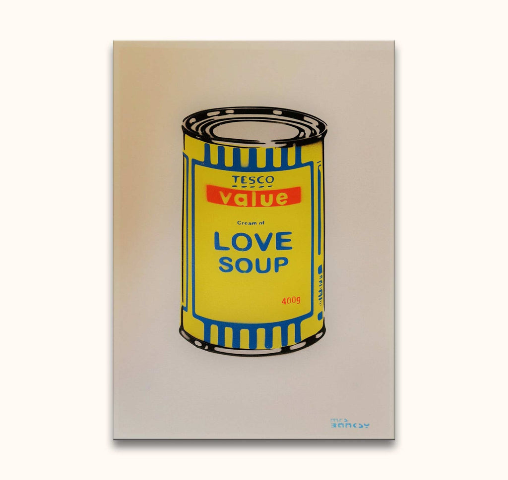 Banksy-inspired pop art of a TESCO value – Cream of LOVE SOUP can, hand-painted with modern graffiti on museum-quality canvas, stretched on a wooden frame.