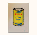 Banksy-inspired pop art of a TESCO value – Cream of LOVE SOUP can, hand-painted with modern graffiti on museum-quality canvas, stretched on a wooden frame.