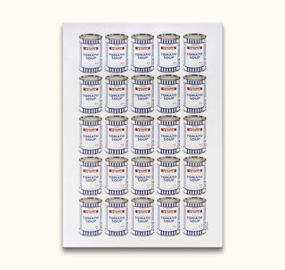 Banksy - Value Tomato Soup 25: Hand-painted pop art of 25 Tesco Value Cream of Tomato Soup cans in grid. Oil on museum-quality, UV-protected canvas.