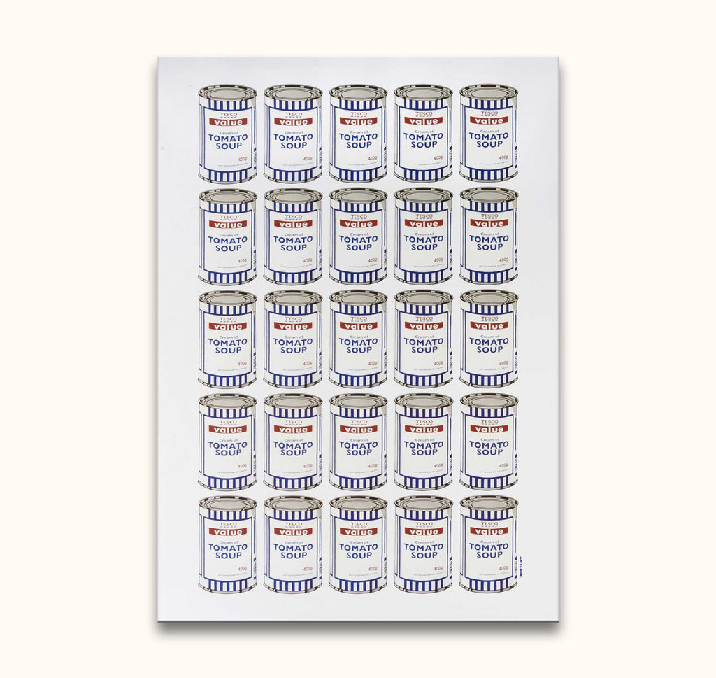 Banksy - Value Tomato Soup 25: Hand-painted pop art of 25 Tesco Value Cream of Tomato Soup cans in grid. Oil on museum-quality, UV-protected canvas.