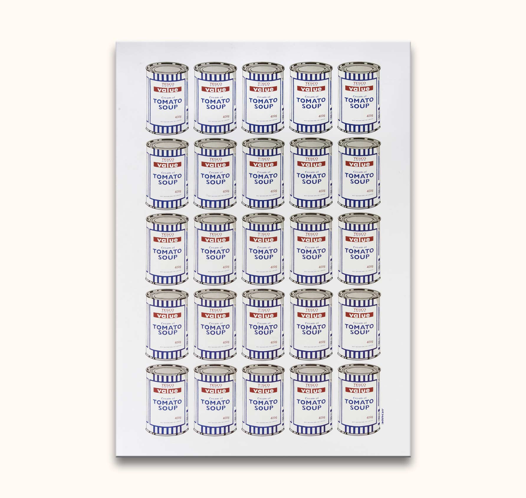 Banksy - Value Tomato Soup 25: Hand-painted pop art of 25 Tesco Value Cream of Tomato Soup cans in grid. Oil on museum-quality, UV-protected canvas.