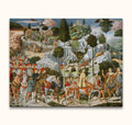 Benozzo Gozzoli's De Reis van de Wijzen naar Bethlehem features richly dressed figures on horseback amid a lush, fantastical landscape, embodying Renaissance elegance.