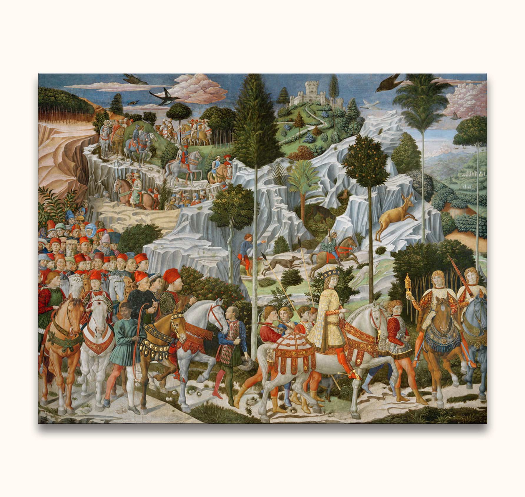 Benozzo Gozzoli's De Reis van de Wijzen naar Bethlehem features richly dressed figures on horseback amid a lush, fantastical landscape, embodying Renaissance elegance.