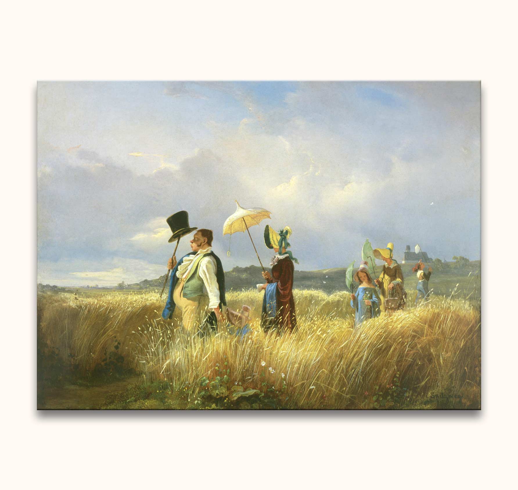 Carl Spitzweg's Sonntagsspaziergang: Figures in 19th-century attire stroll through a grain field with parasols. Hand-painted oil on museum-quality canvas, ready to hang.
