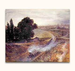 Impressionist landscape by Carl Spitzweg, featuring a rural field and steam plume, reflecting poetic realism. Ideal for interior decoration, ready to hang.