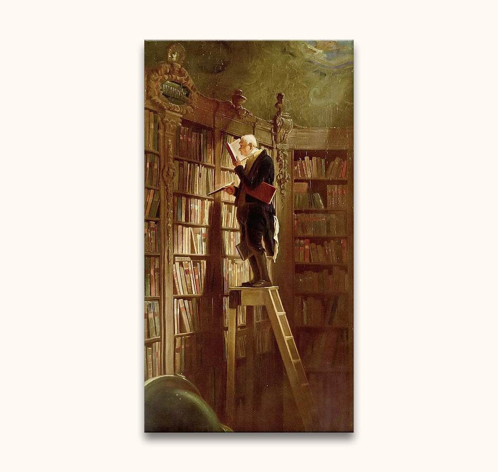 Carl Spitzweg's Der Bücherwurm: An older gentleman reads atop a library ladder, surrounded by towering bookshelves, embodying classic scholarship in oil painting.