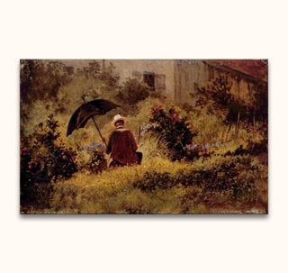 Carl Spitzweg's Deutsche Romantik: A lone figure in a sunlit garden, embodying 19th-century charm and contemplation. Hand-painted, ready to hang, UV-protected.