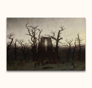 Caspar David Friedrich's Abtei im Eichwald depicts a Gothic abbey ruin amid leafless oaks and gravestones, embodying late-Romantic solemnity and decay.