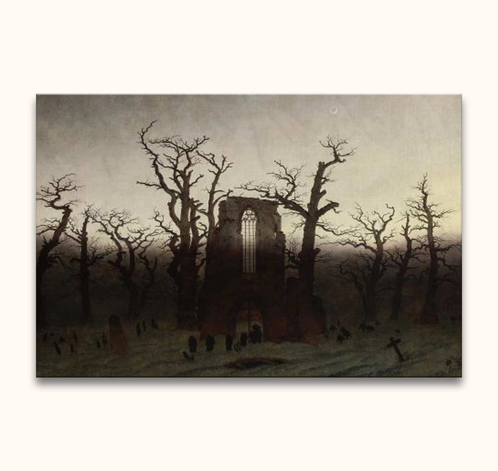 Caspar David Friedrich's Abtei im Eichwald depicts a Gothic abbey ruin amid leafless oaks and gravestones, embodying late-Romantic solemnity and decay.