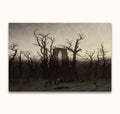 Caspar David Friedrich's Abtei im Eichwald depicts a Gothic abbey ruin amid leafless oaks and gravestones, embodying late-Romantic solemnity and decay.