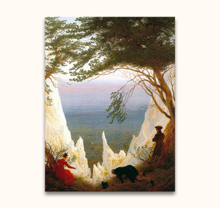 Caspar David Friedrich's Kreidefelsen auf Rügen - three figures on a chalk cliff, overlooking a serene sea. Hand-painted oil on museum-quality canvas.