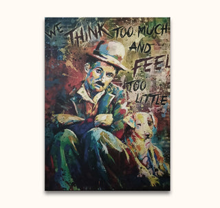 Charley Chaplin in vintage attire with a dog, set against a splatter-style canvas with bold text. Hand-painted pop art oil painting on canvas.