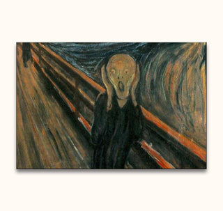 Edvard Munch's De Schreeuw hand-painted in vibrant oil colors on canvas, depicting a solitary anguished figure on a bridge with swirling sky.