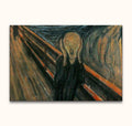 Edvard Munch's De Schreeuw hand-painted in vibrant oil colors on canvas, depicting a solitary anguished figure on a bridge with swirling sky.
