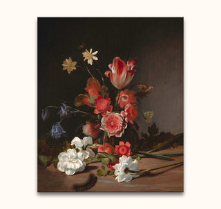 Dirck de Bray's Boeket in Wording: A hand-painted, vibrant floral still-life with tulips and butterflies, set against a dark background on museum-quality canvas.