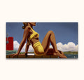 Kenton Nelson - Dockside: A woman in a retro swimsuit lounges on a dock with a red cooler and book nearby. Hand-painted pop art on high-quality canvas.