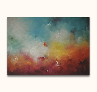 Early Evening Sky - Olieverf op canvas: Abstract painting with blended aqua, white, yellow, orange, and red hues, featuring bright white strokes. Hand-painted, ready to hang.