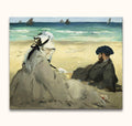 Édouard Manet's On the Beach: Two figures on a sandy shore, sea view with sailboats. Hand-painted, impressionist oil painting, ideal for classic art lovers.