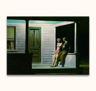 Edward Hopper signature painting, Summer Evening, depicts a man and woman on a porch at night. Hand-painted, high-quality oil on canvas, ready to hang.