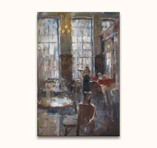 Flip Gaasendam's oil painting, De drie gezusters ‘De bediening’, depicts a cozy café scene with patrons and staff in a warm, intimate atmosphere.
