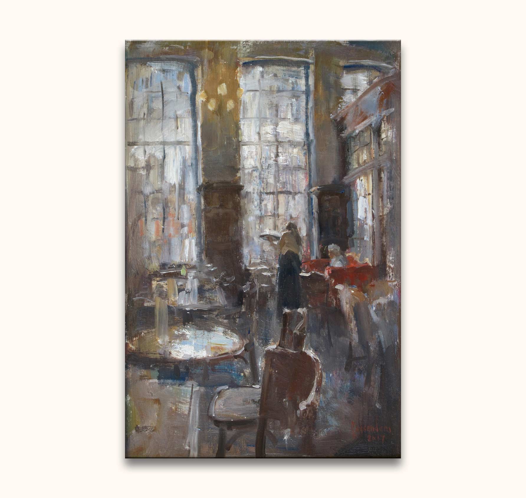 Flip Gaasendam's oil painting, De drie gezusters ‘De bediening’, depicts a cozy café scene with patrons and staff in a warm, intimate atmosphere.