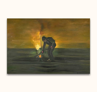 Vincent van Gogh's Boer die Onkruid Verbrandt: A lone figure kneels by a fire in a vast landscape, depicted in impressionistic oil on museum-quality canvas.
