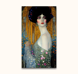 Gustav Klimt – Elegant Lady: Art-Nouveau-inspired portrait of a woman in a jeweled gown, with floral motifs and gilded background, hand-painted on quality canvas.