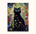 Gustav Klimt's Garden Cat 2: A whimsical black cat with green-yellow eyes amidst colorful, stylized flowers, painted in expressive, modern palette knife technique.