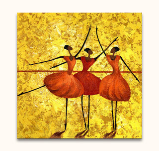 Ballet Dancers - Olieverf op canvas: Abstract painting of three elongated ballerinas in red-orange skirts, set against a textured golden-yellow background, hand-painted.