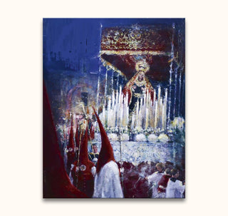 Hand-painted oil painting Processie in Malaga 2 depicting a Semana Santa procession with nazarenos and Virgin Mary statue, capturing an evening's dramatic atmosphere.